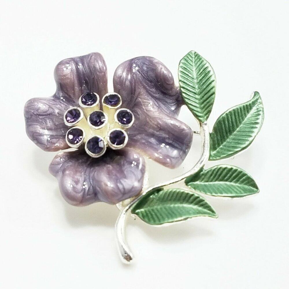 Vintage Purple Green Enamel Flower Brooch, Silver Tone, 1 1/2 In, 1990s